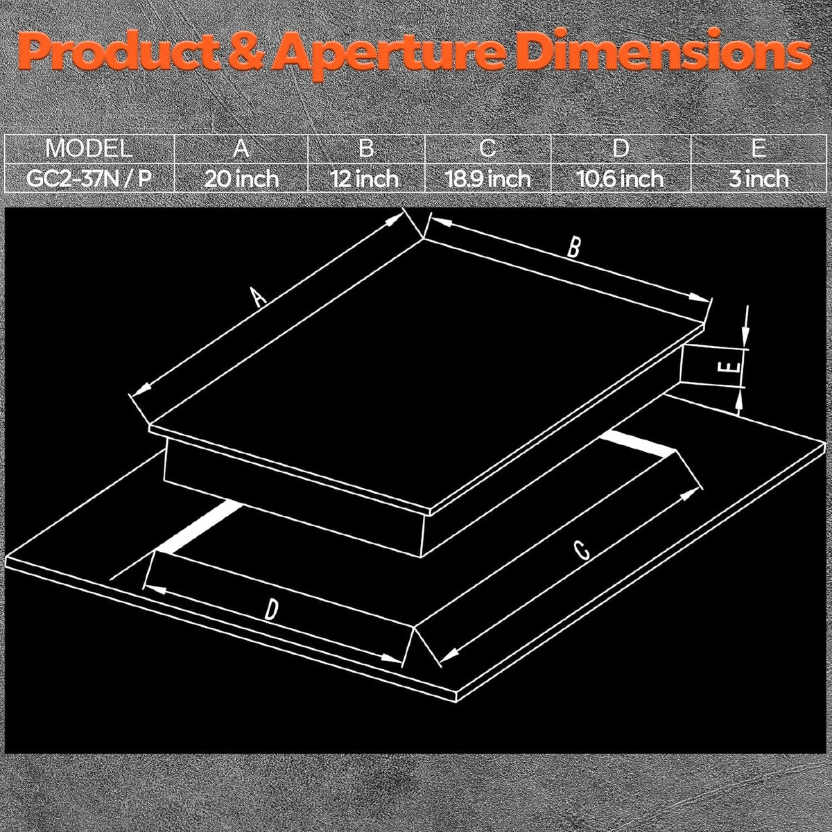 Gas cooktop dimension diagram with labeled measurements and model outline
