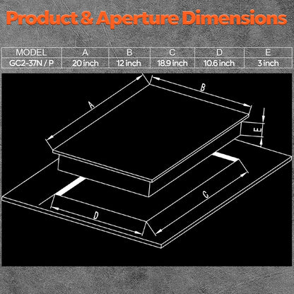 Gas cooktop dimension diagram with labeled measurements and model outline