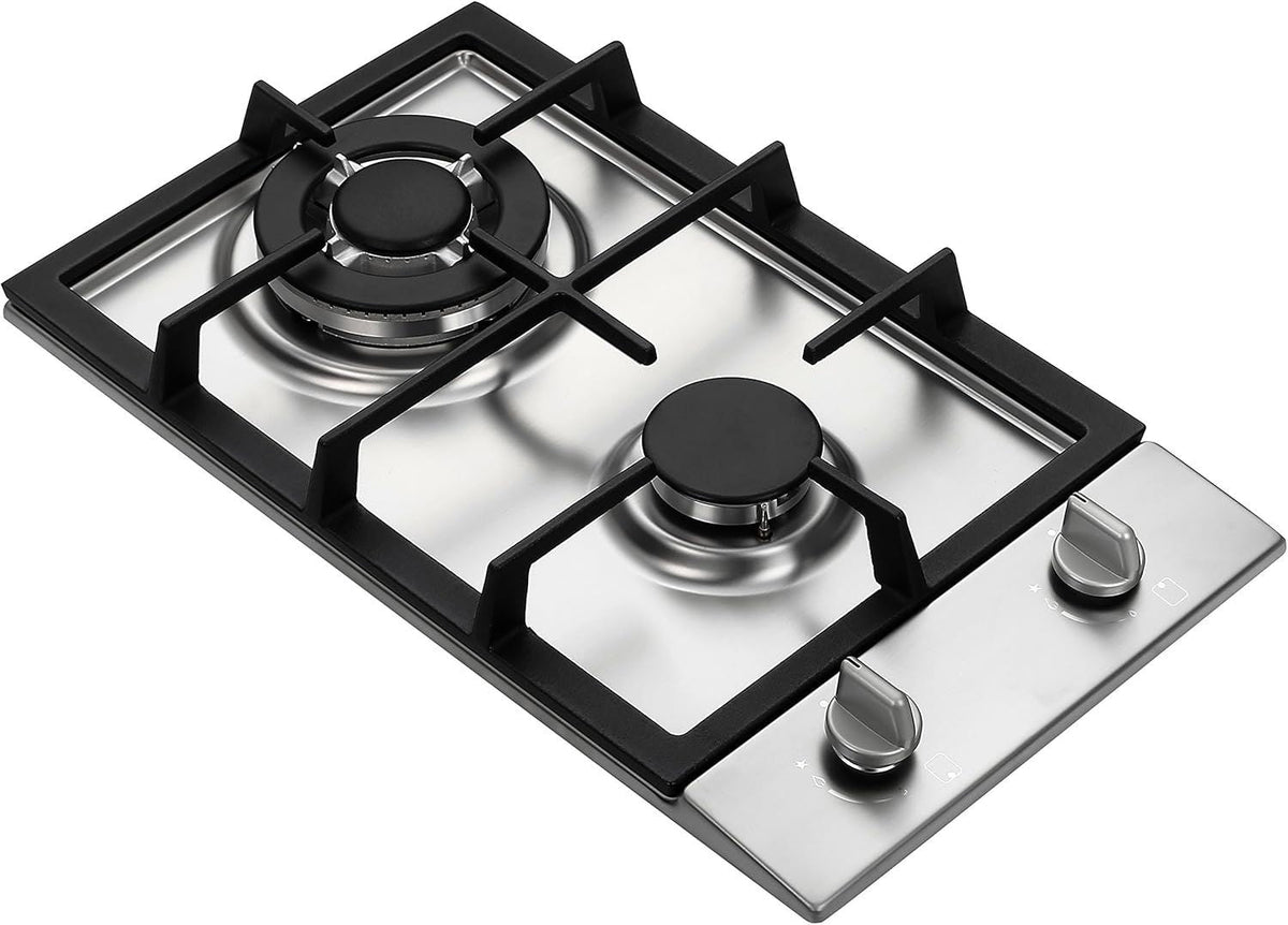 2-burner gas cooktop with black grates, silver burner bases, and metal control knobs