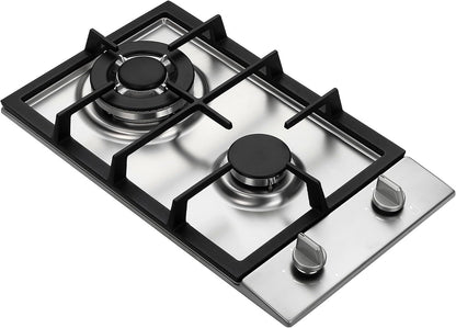 2-burner gas cooktop with black grates, silver burner bases, and metal control knobs