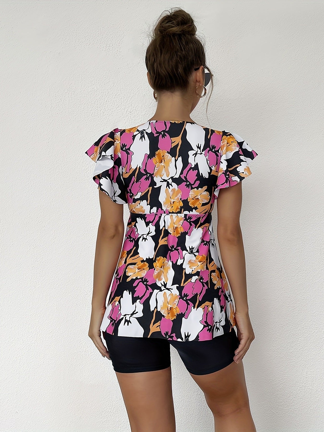 Random Print Ruffle Tankini Sets, V Neck Drawstring Tie Front Boxer Short Bottom Two Pieces Swimsuit, Women's Swimwear & Clothing - Renee Lane Company