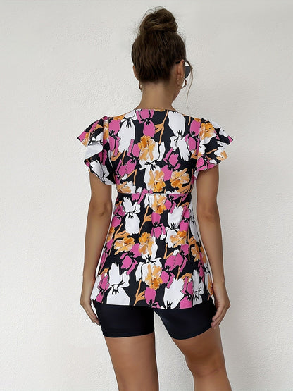 Random Print Ruffle Tankini Sets, V Neck Drawstring Tie Front Boxer Short Bottom Two Pieces Swimsuit, Women's Swimwear & Clothing - Renee Lane Company