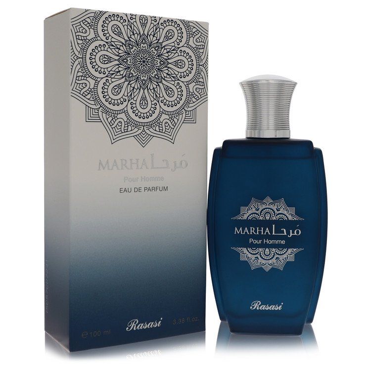 Men's Eau de Parfum spray bottle with blue glass and silver cap, shown with box