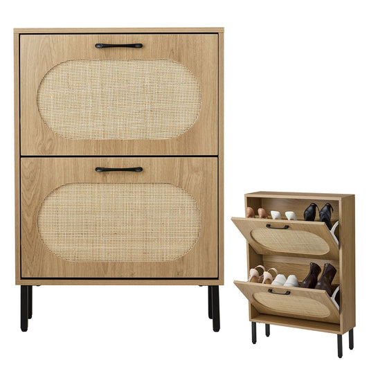 Rattan Shoe Cabinet with 2 Flip Doors, Narrow Freestanding Shoe Organizer, Modern Narrow Shoe Storage Cabinet with Metal Legs for Entryway, Hallway, Closet (Natural) - Renee Lane Company