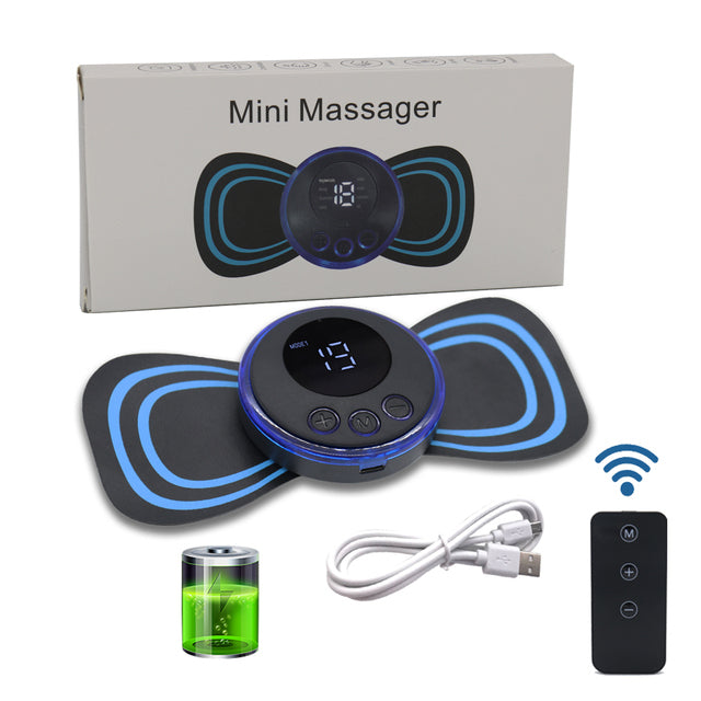 Neck EMS pulse massager with circular control unit, blue pad rings, and remote button case