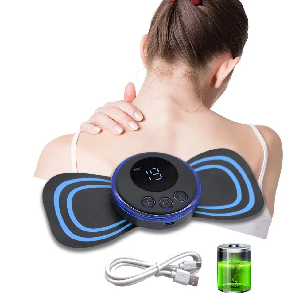Neck EMS pulse massager worn on neck with blue pad patterns and handheld control unit