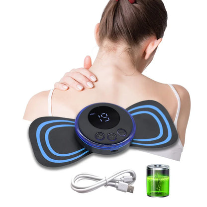 Neck EMS pulse massager worn on neck with blue pad patterns and handheld control unit