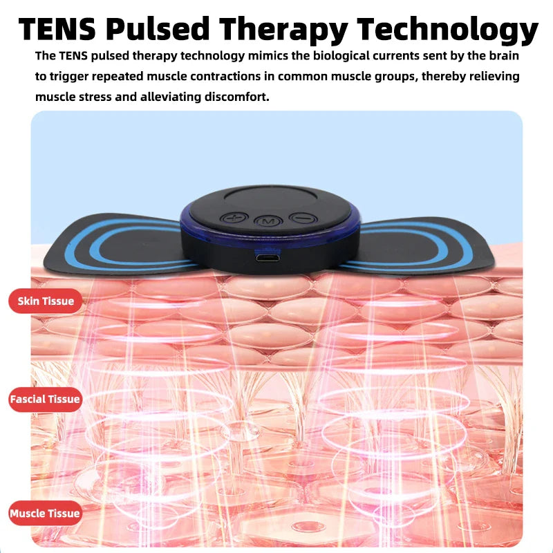 Neck EMS pulse massager device over blue ring pads with indicator lights