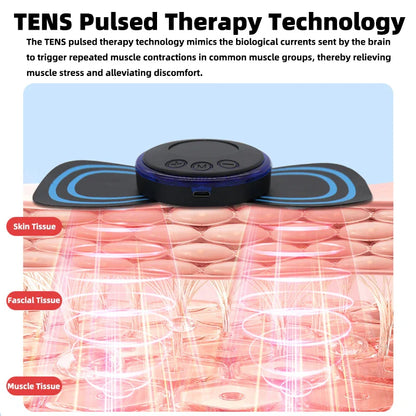 Neck EMS pulse massager device over blue ring pads with indicator lights