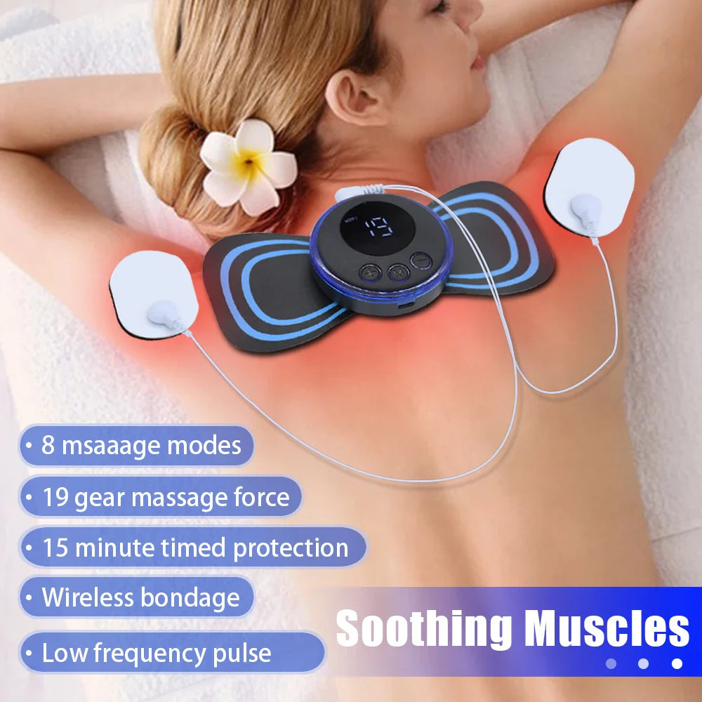Neck EMS pulse massager for shoulders and neck with blue pad ring display