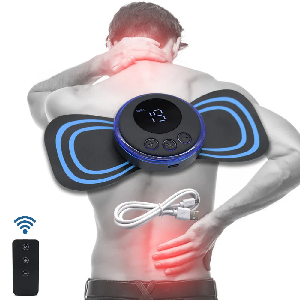Neck EMS pulse massager on upper back with blue pad rings and controller display