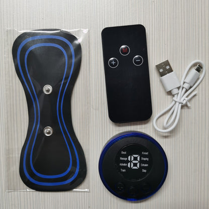 Neck EMS pulse massager accessories set with controller, remote, pads, and USB cable