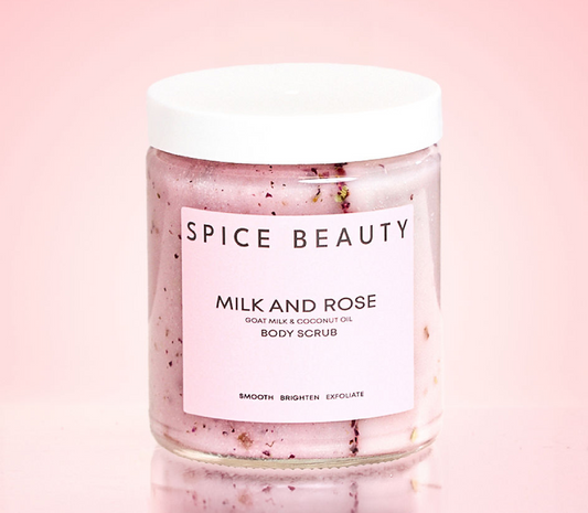 Spice Beauty Milk and Rose body scrub jar, pink scrub with rose specks, white lid
