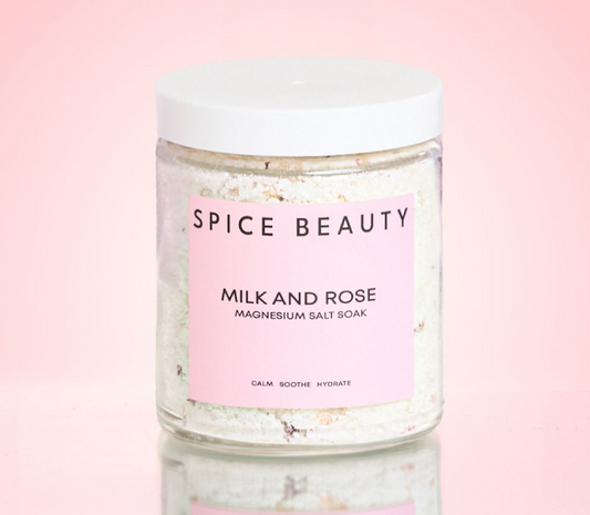 Milk and Rose magnesium salt soak jar with white lid and Spice Beauty pink label