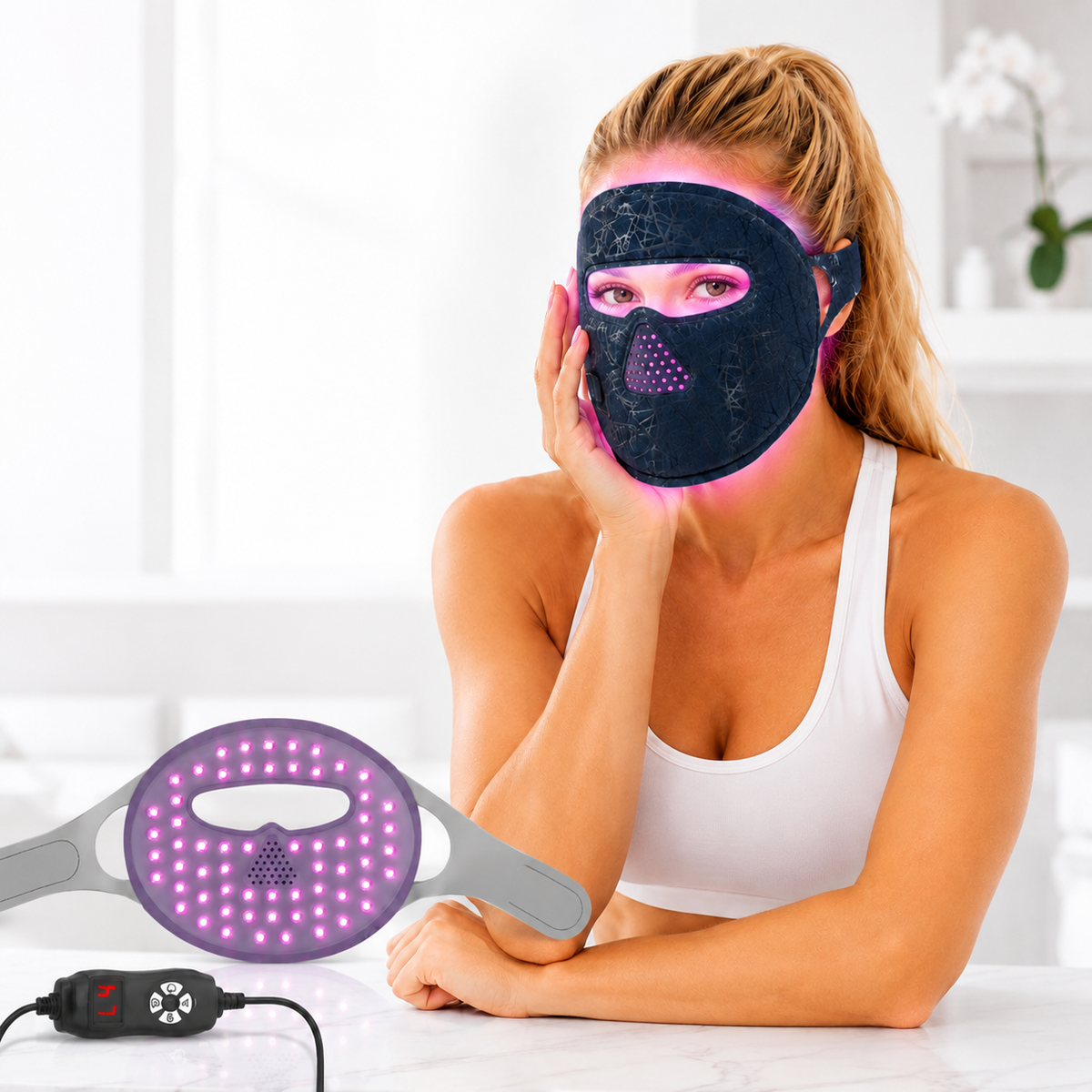LED face light therapy mask with glowing pink diodes on a woman’s face