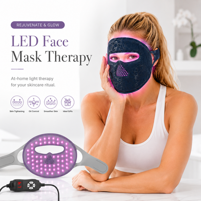 LED face light therapy mask with glowing pink diodes and matching controller
