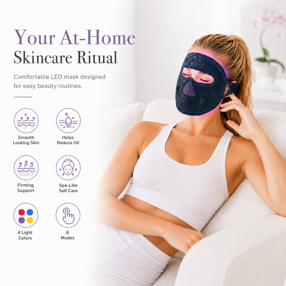 LED face light therapy mask worn while reclining, glowing pink LED diodes