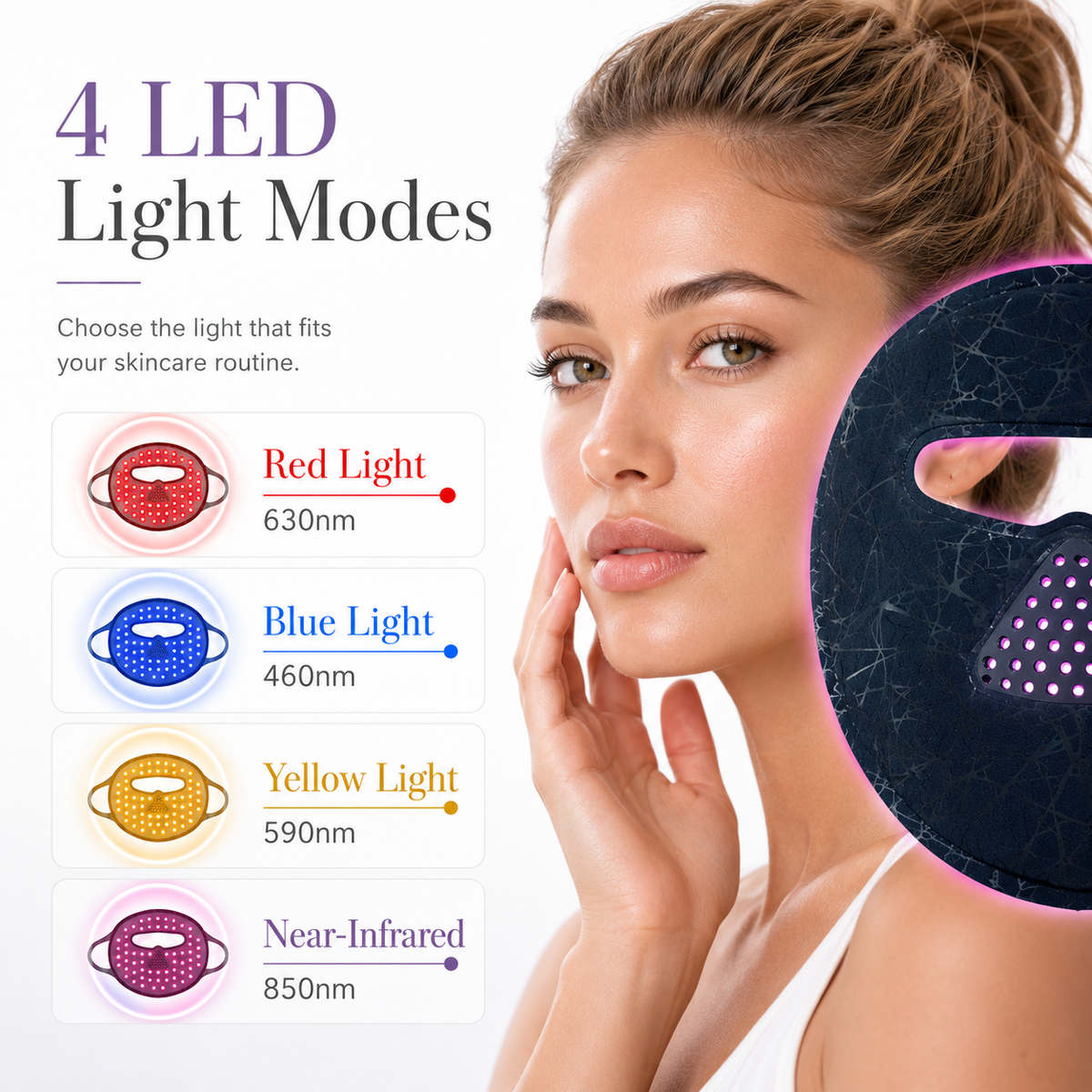 LED face light therapy mask on face with glowing pink LED diodes