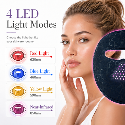 LED face light therapy mask on face with glowing pink LED diodes