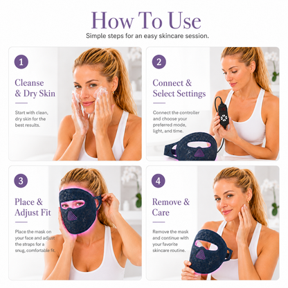Woman wearing an LED face light therapy mask with a handheld controller