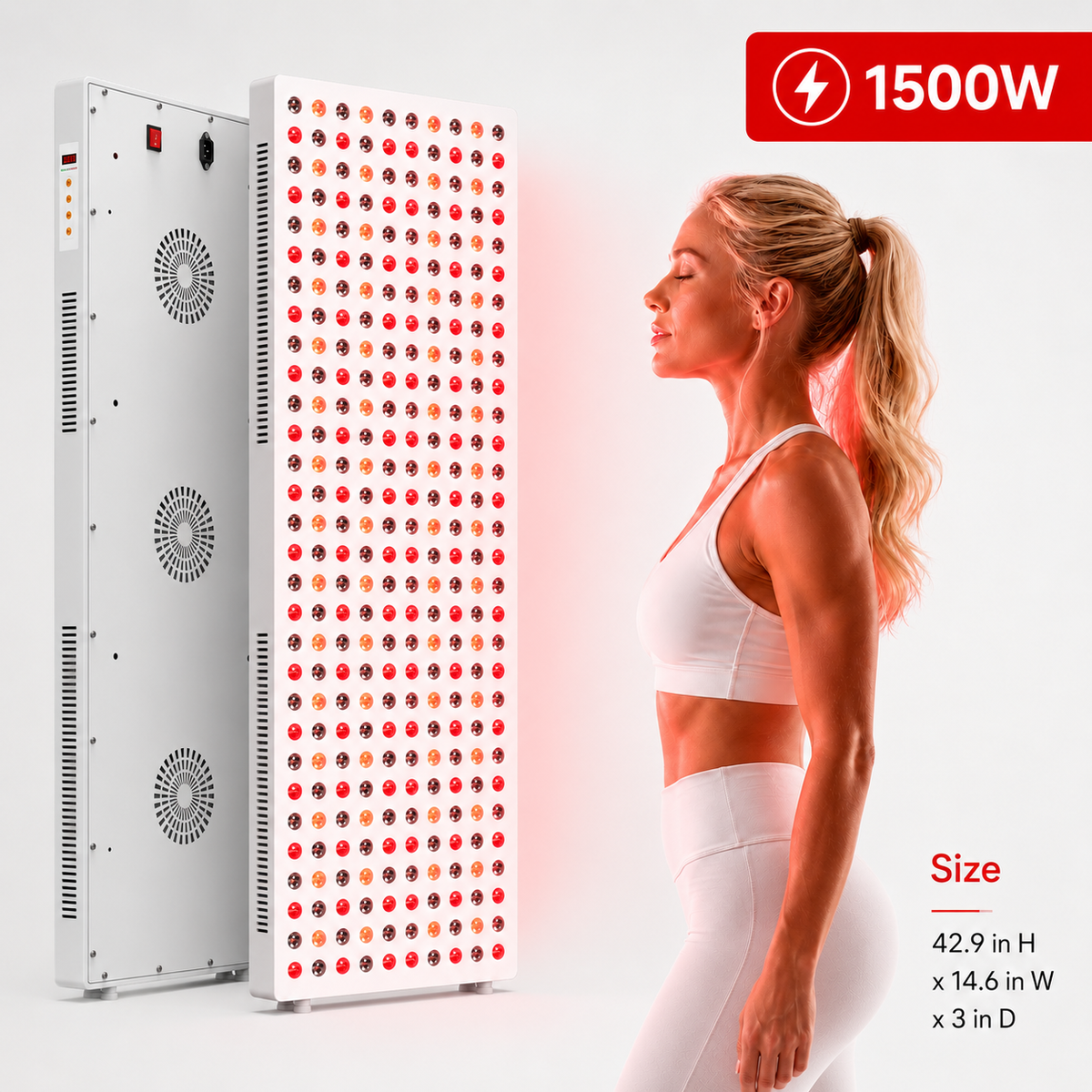 Full-body red and near-infrared light therapy panel with white frame and red LED grid.