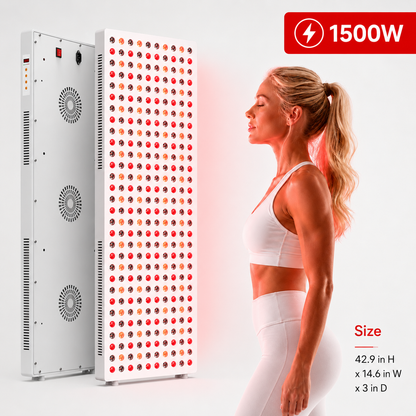 Full-body red and near-infrared light therapy panel with white frame and red LED grid.