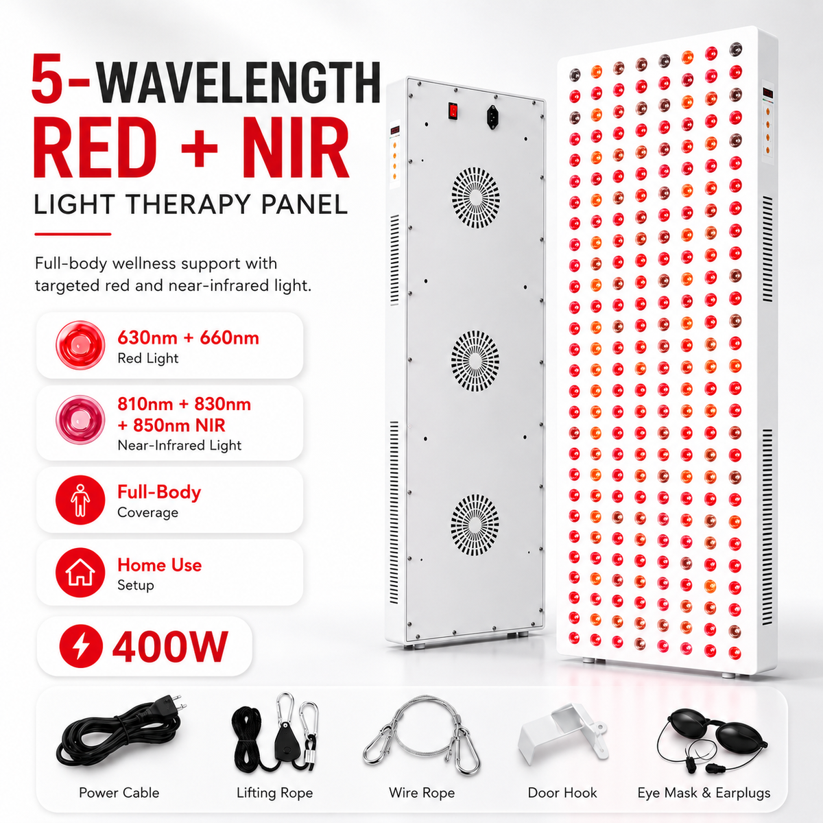 Full-body light therapy panel with white housing and red LED array, shown with accessories.