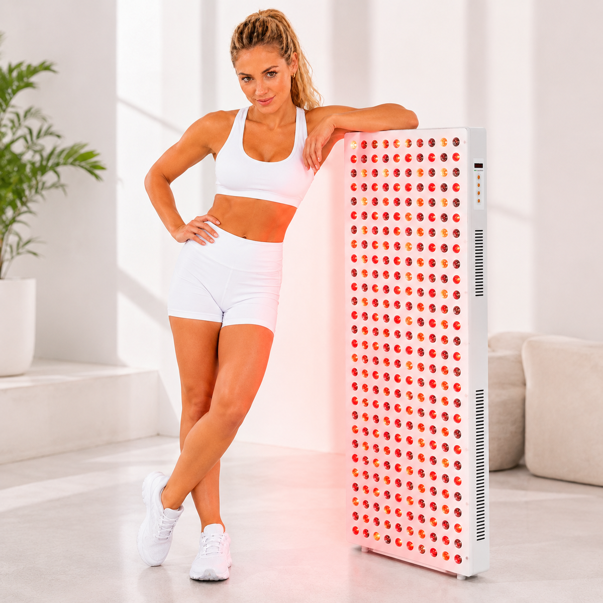 Full-body light therapy panel with white frame and red LED grid next to standing person.