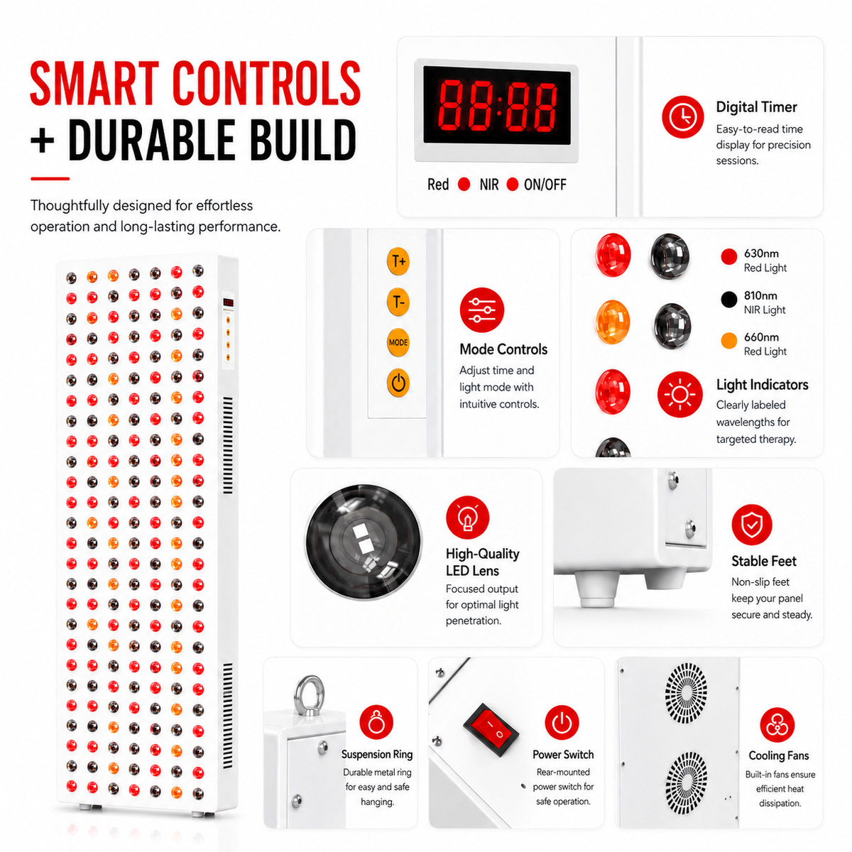 Light therapy panel with white body, red LED array, and smart control display.