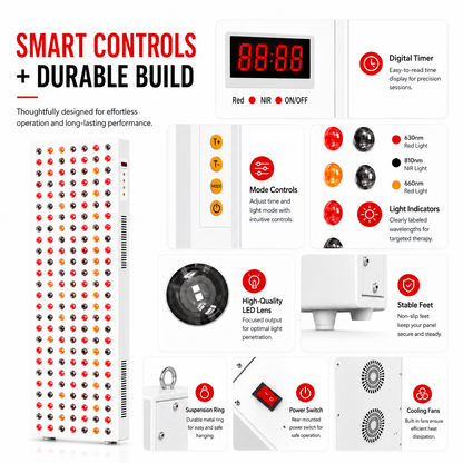 Light therapy panel with white body, red LED array, and smart control display.