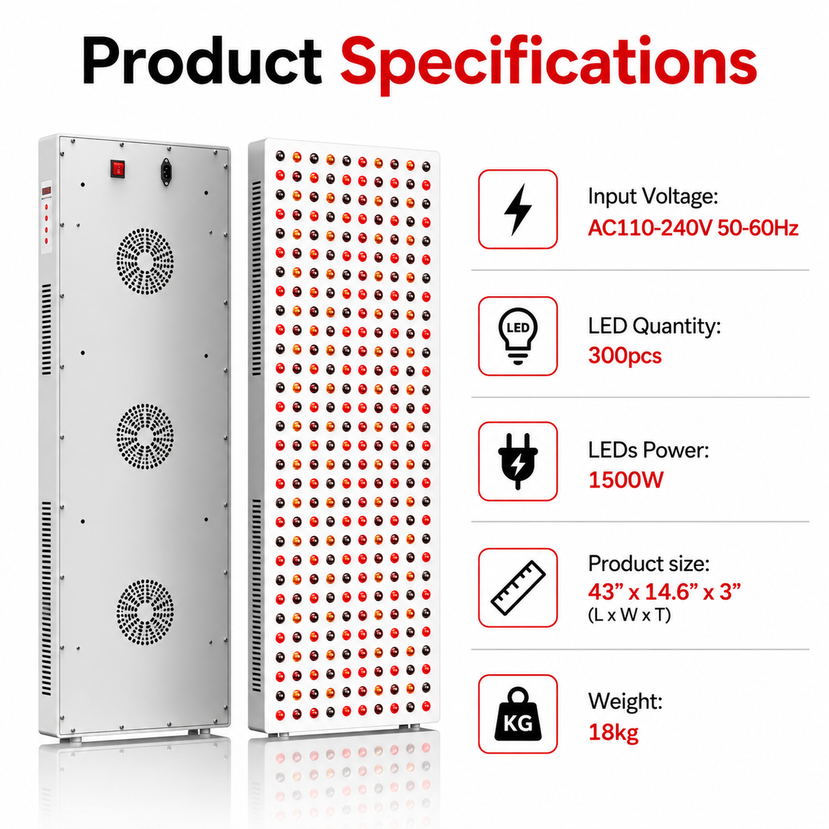Light therapy panel with white housing and red LED grid with side control area.