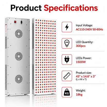 Light therapy panel with white housing and red LED grid with side control area.