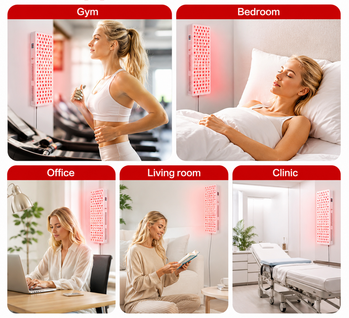 Full-body red light therapy panel with vertical LED light array, wall-mounted