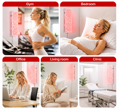 Full-body red light therapy panel with vertical LED light array, wall-mounted