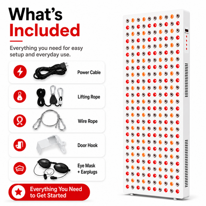 Red light therapy panel with power cable, lifting and wire ropes, door hook