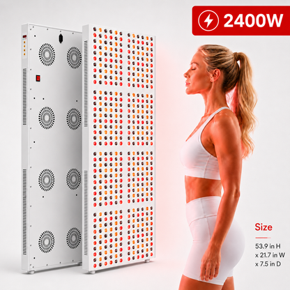 Red and near-infrared light therapy panel with LED array, standing next to model.