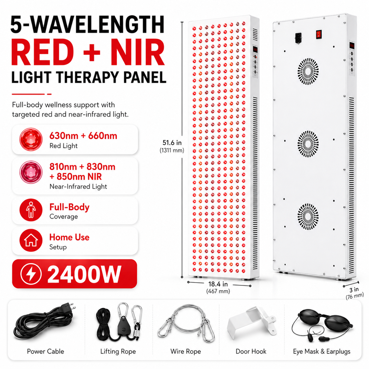 Red and near-infrared light therapy panel with LED array and included power cable set.