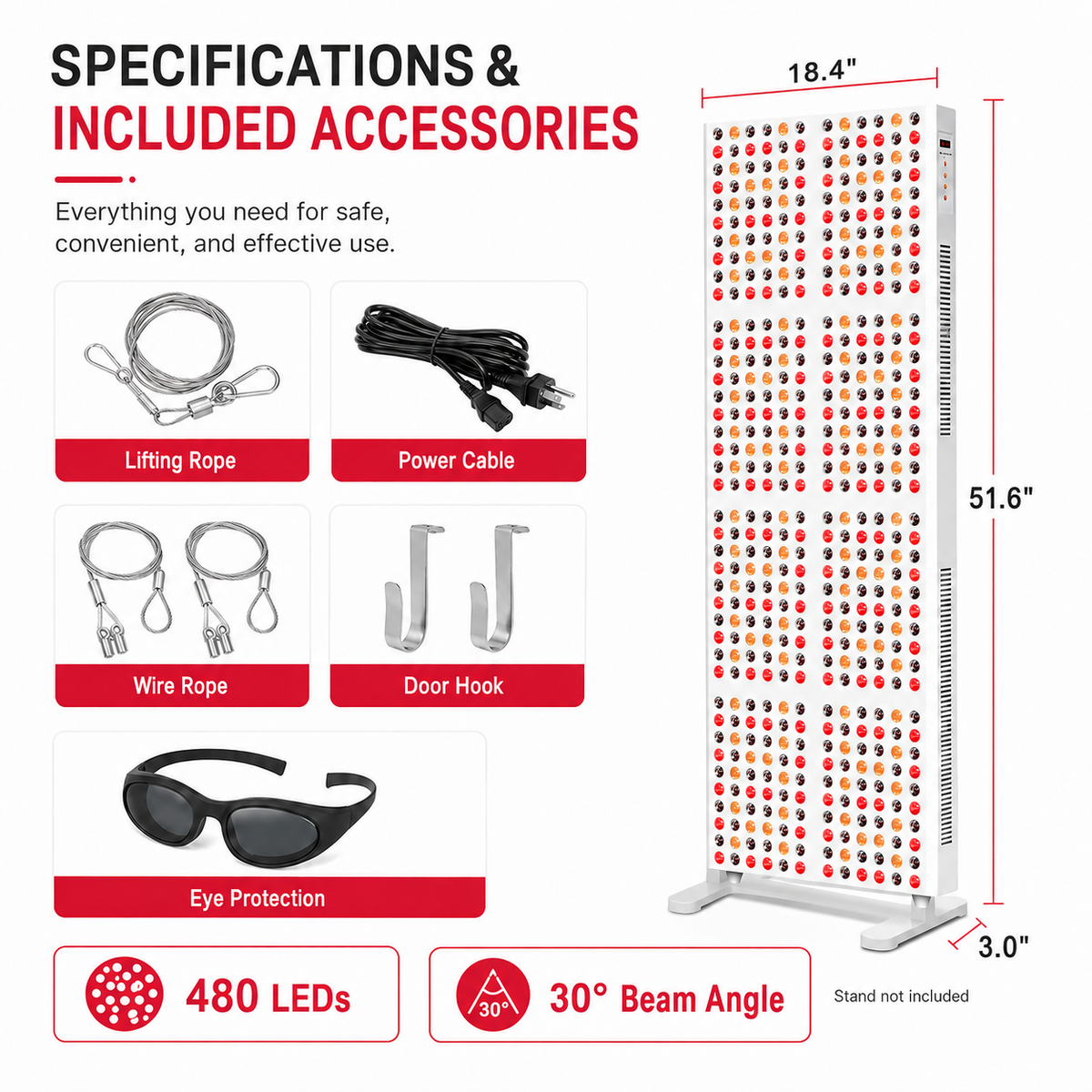 Light therapy panel and included accessories: lifting rope, cables, eye protection, door hook.