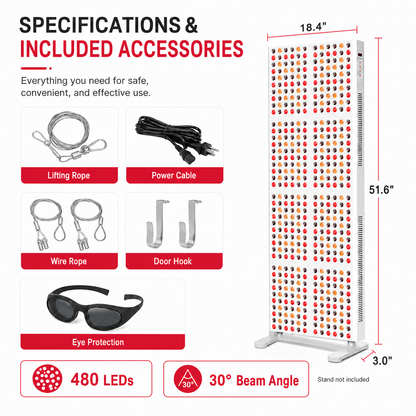Light therapy panel and included accessories: lifting rope, cables, eye protection, door hook.