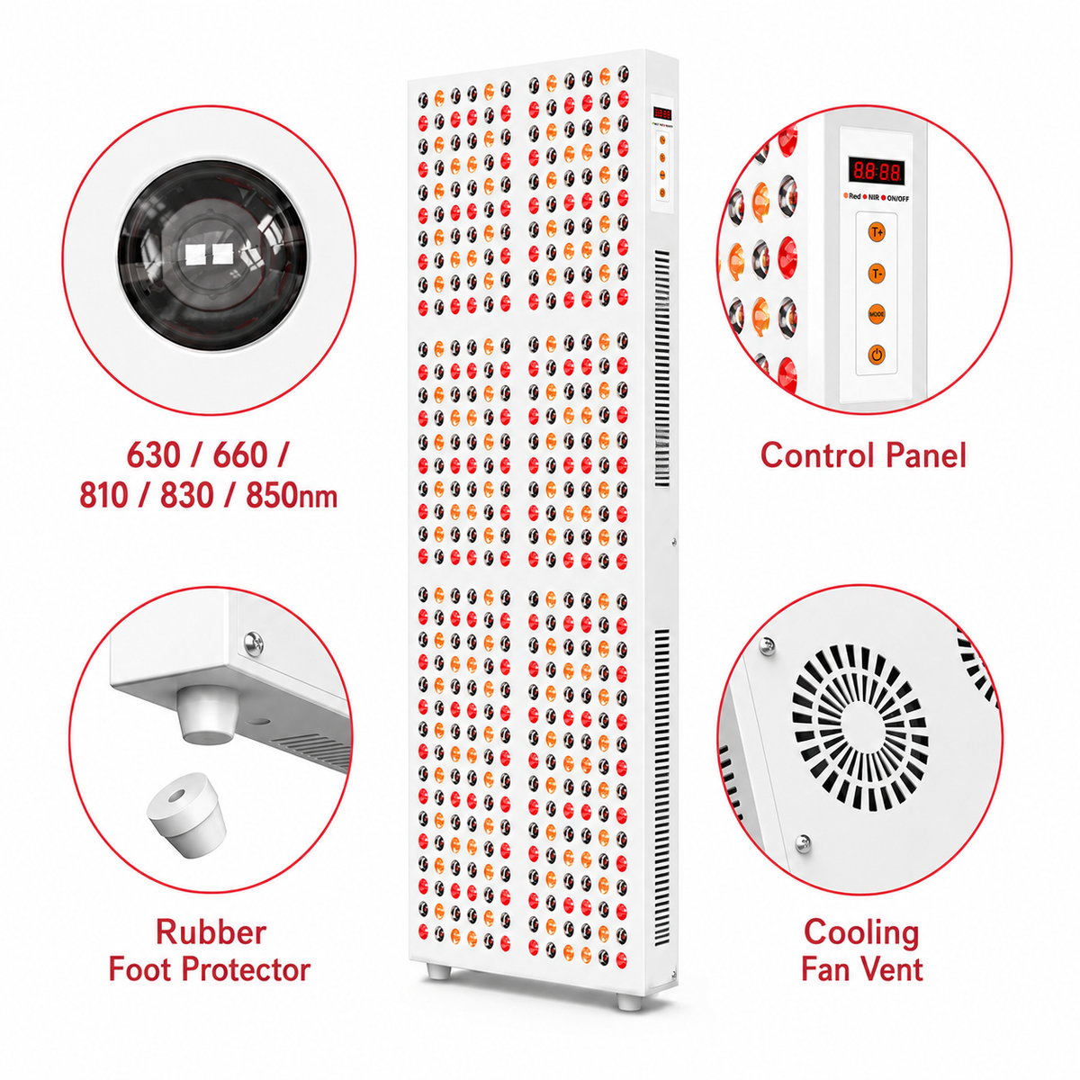 Light therapy panel parts view: control panel, cooling fan vent, rubber foot protector.