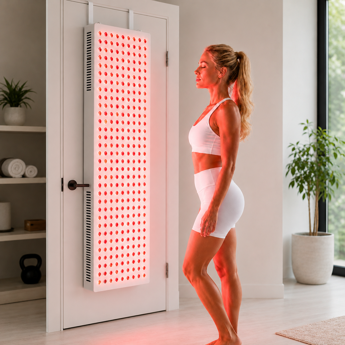 Red and near-infrared light therapy panel mounted on doorway, with model standing nearby.