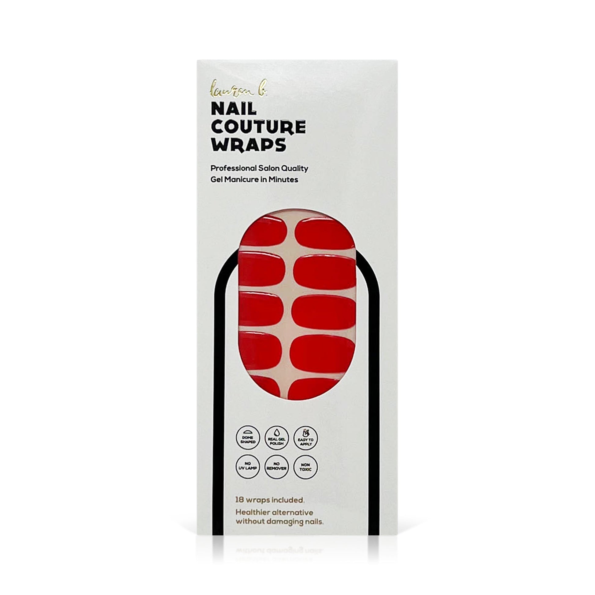 Red solid gel nail wraps set, shown in box with red oval nail designs.