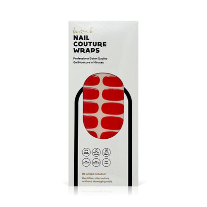 Red solid gel nail wraps set, shown in box with red oval nail designs.