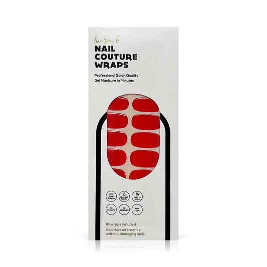 Red solid gel nail wraps set, shown in box with red oval nail designs.