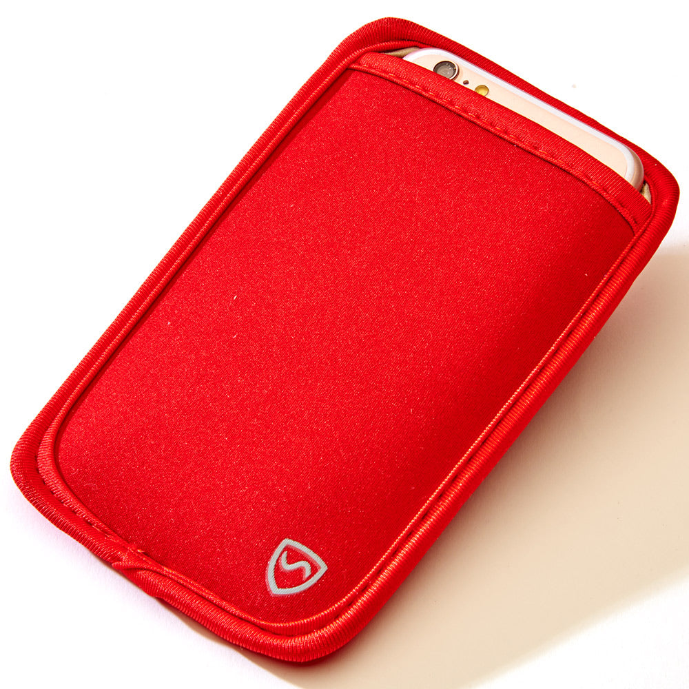 Red phone pouch with front logo and phone peeking from the top opening.