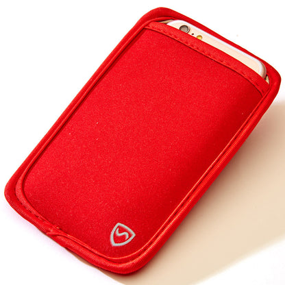 Red phone pouch with front logo and phone peeking from the top opening.