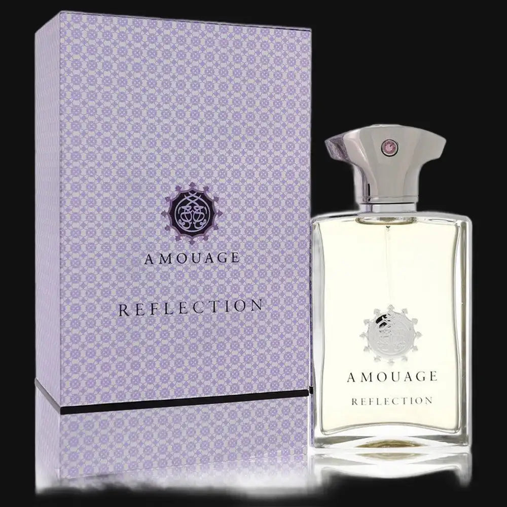 Amouage Reflection men’s cologne set with clear bottle, silver cap, and purple patterned box