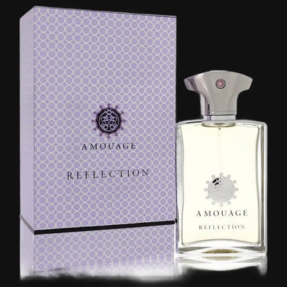 Amouage Reflection men’s cologne set with clear bottle, silver cap, and purple patterned box
