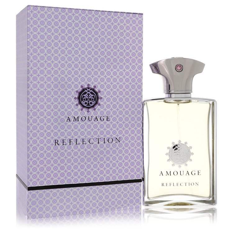 Amouage men’s cologne bottle with silver cap and purple patterned box