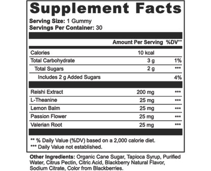 Supplement Facts panel showing serving size 1 gummy and ingredient amounts.
